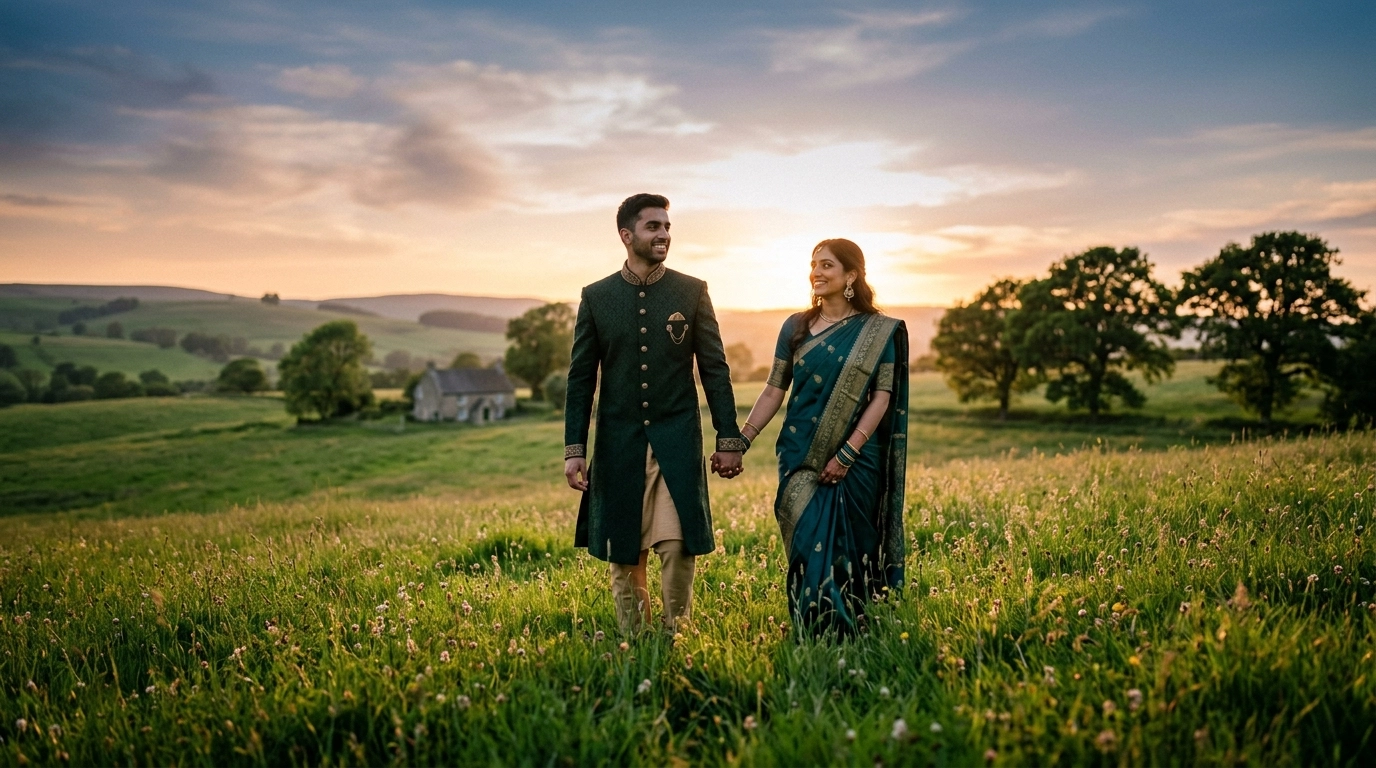 A couple walking through a beautiful field at sunset, looking peaceful and financially free.