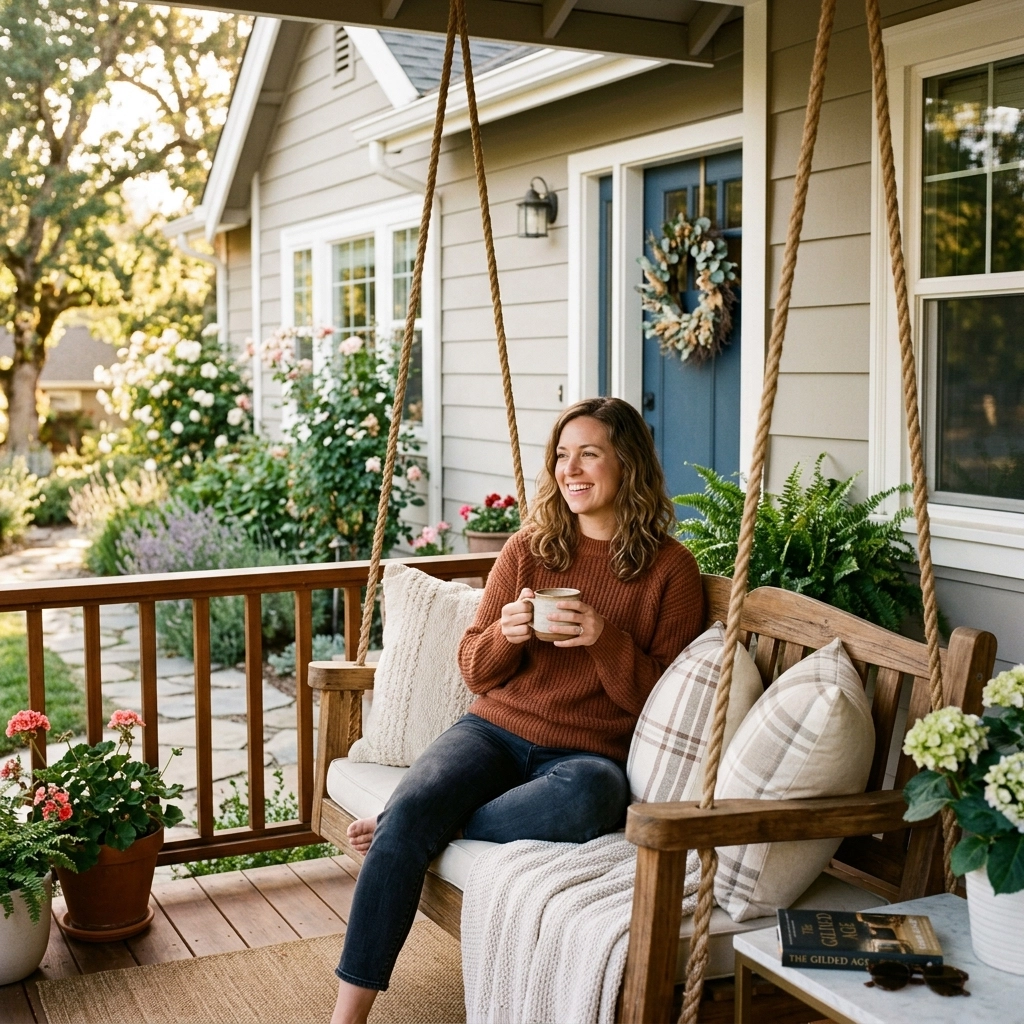 A mother relaxing peacefully on a porch swing, enjoying her tidy home.