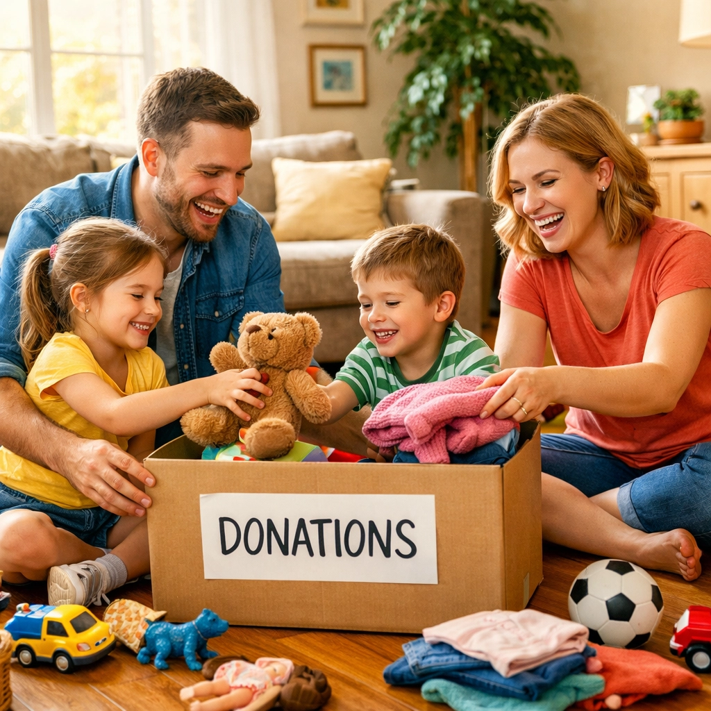 Family sorting through clutter and placing items in a donation box for a tidy home.