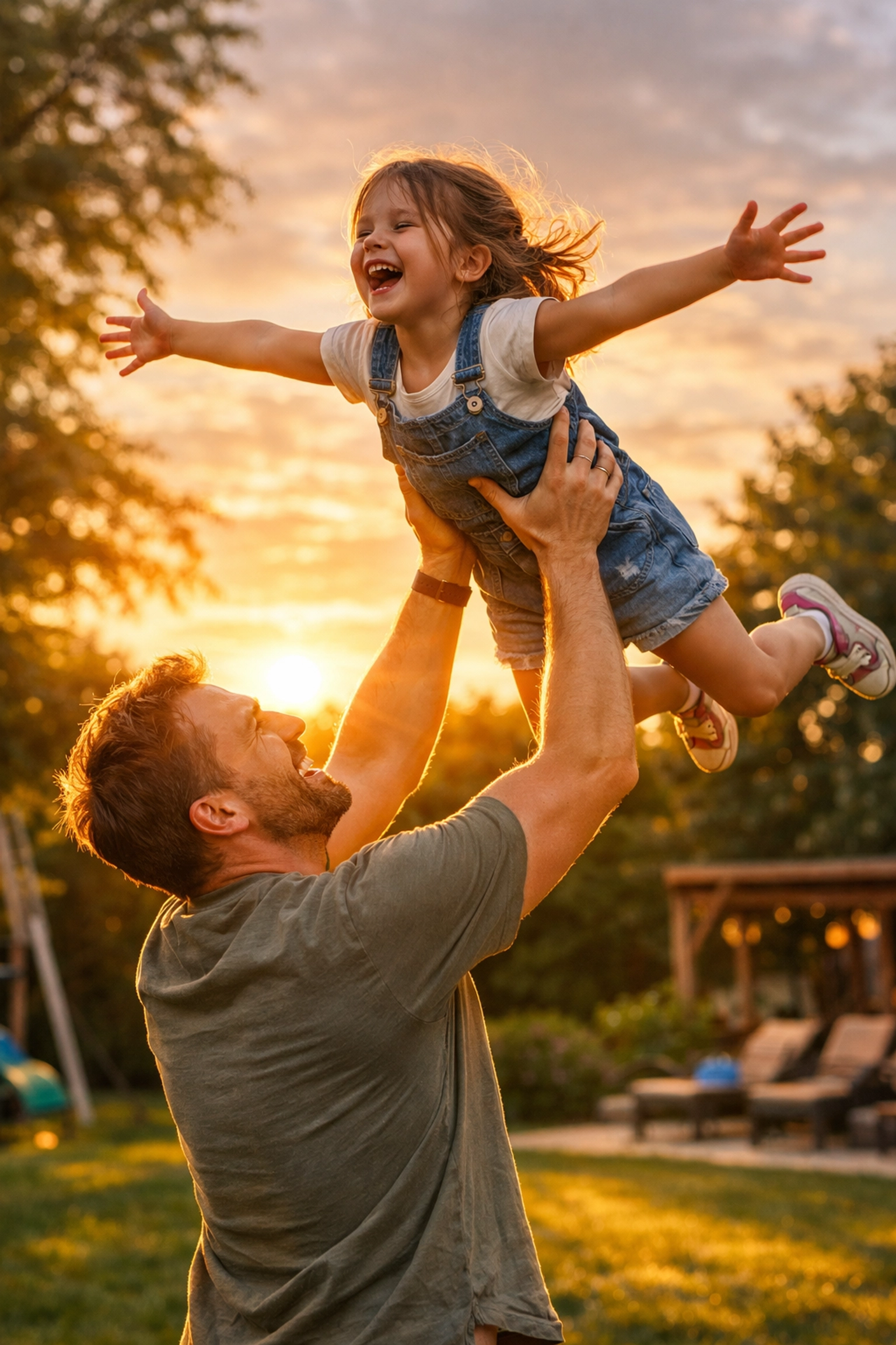 A father lifting his daughter in a sunny backyard, showing the freedom gained from smart budgeting.