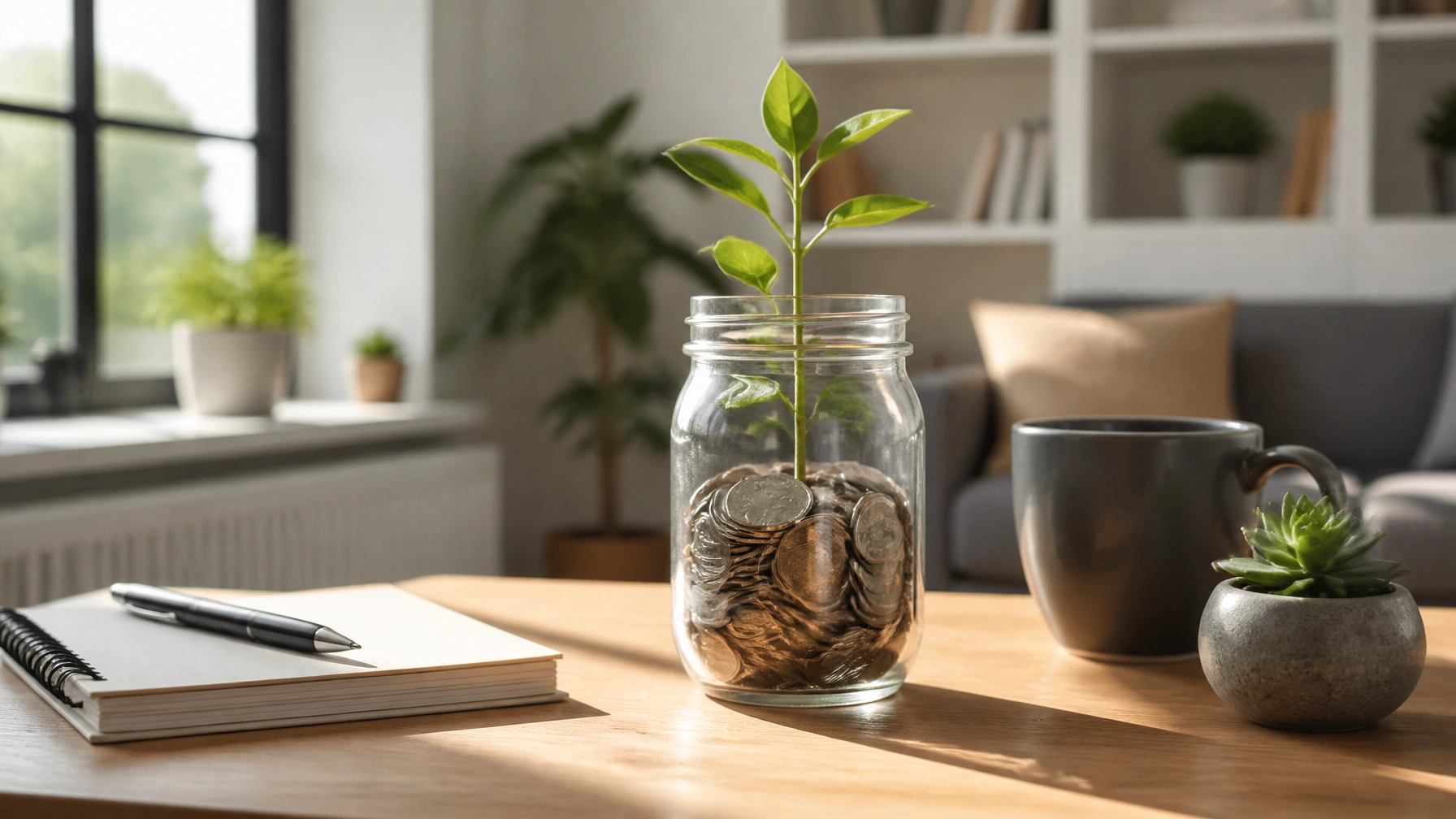 Mason jar with coins, a growing plant, and a budget notebook in a tidy home setting