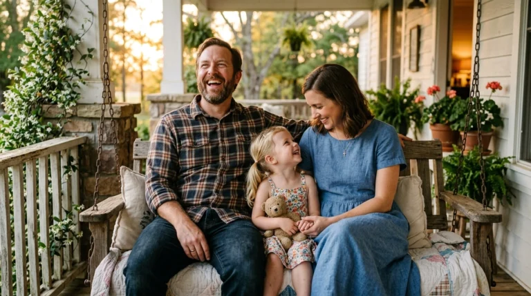 A smiling man, woman, and young girl sit together on a porch swing at sunset. The girl holds a stuffed animal, and all three look happy and relaxed, surrounded by plants and flowers.