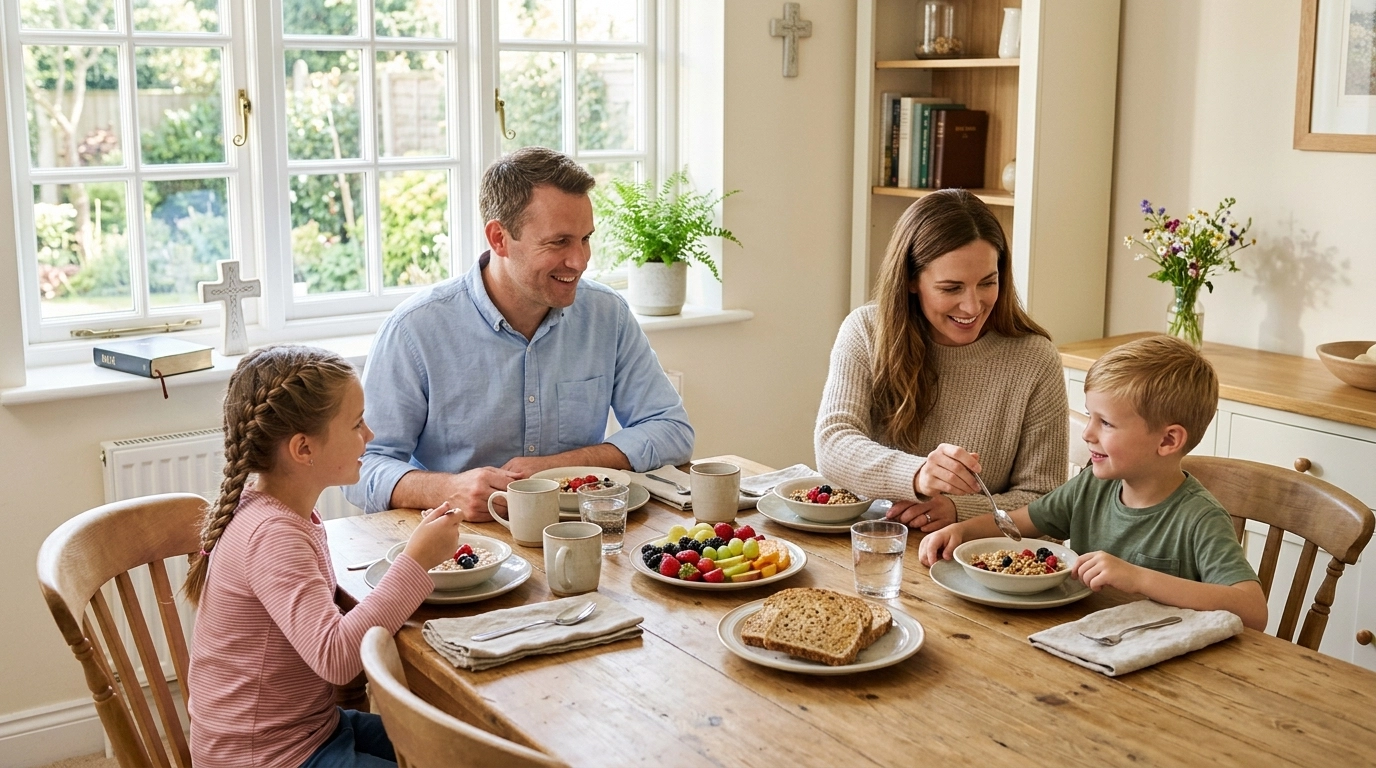 A traditional Christian family, mother, father, and two children, having a peaceful breakfast together in a sun-drenched dining room. No clutter on the table.