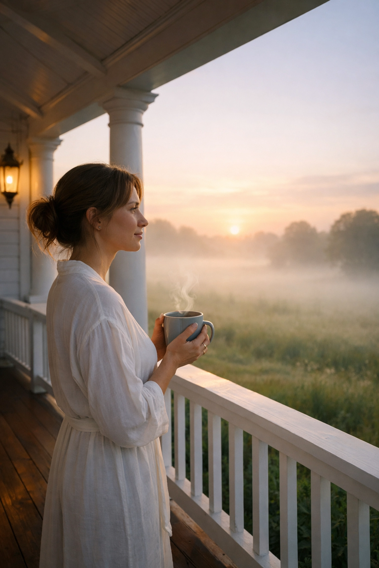 Woman practicing balanced living on a quiet Southern porch at dawn to improve home management.