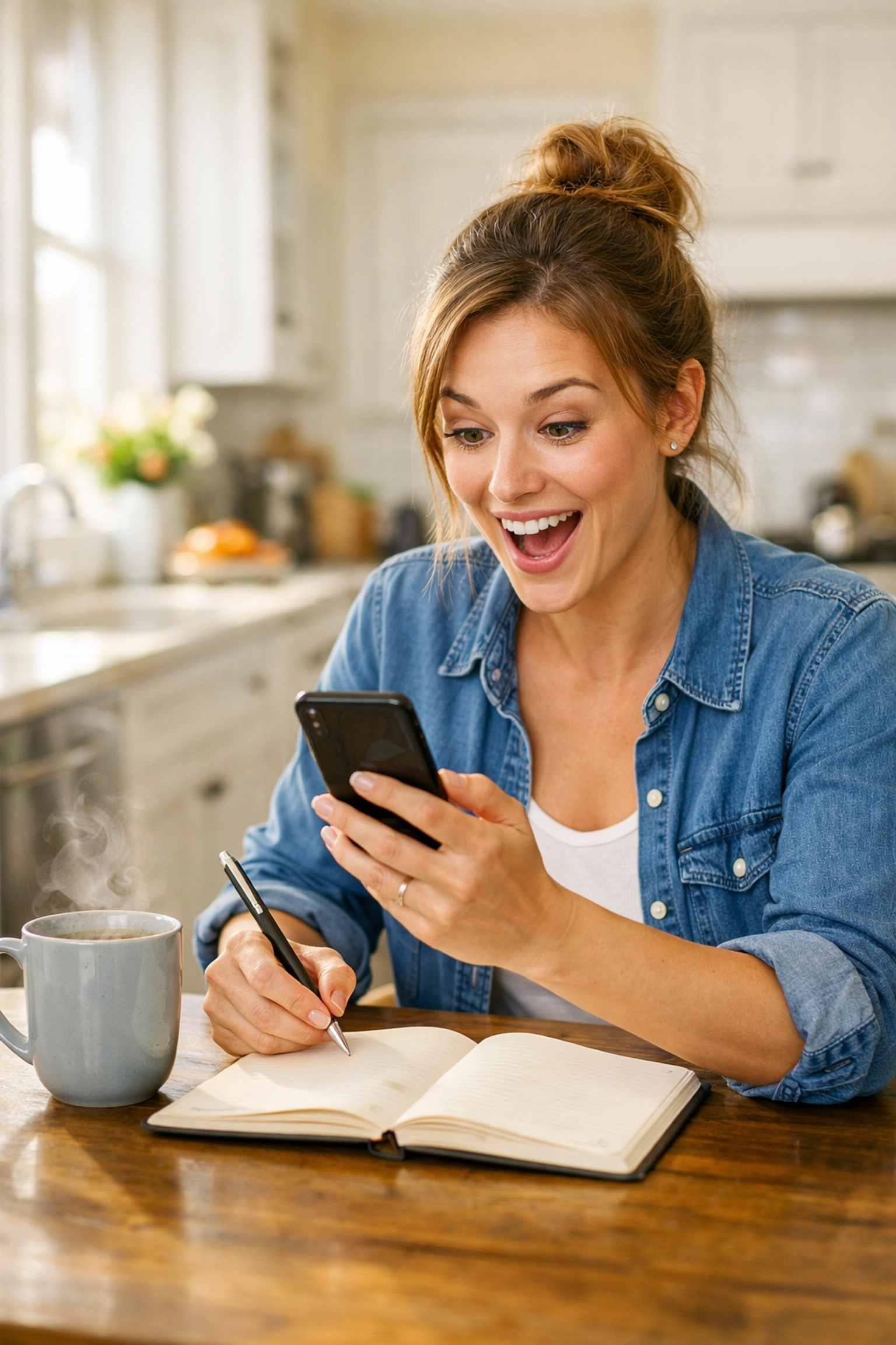 Focused woman auditing subscriptions on her phone and recording savings in a budget notebook at home.