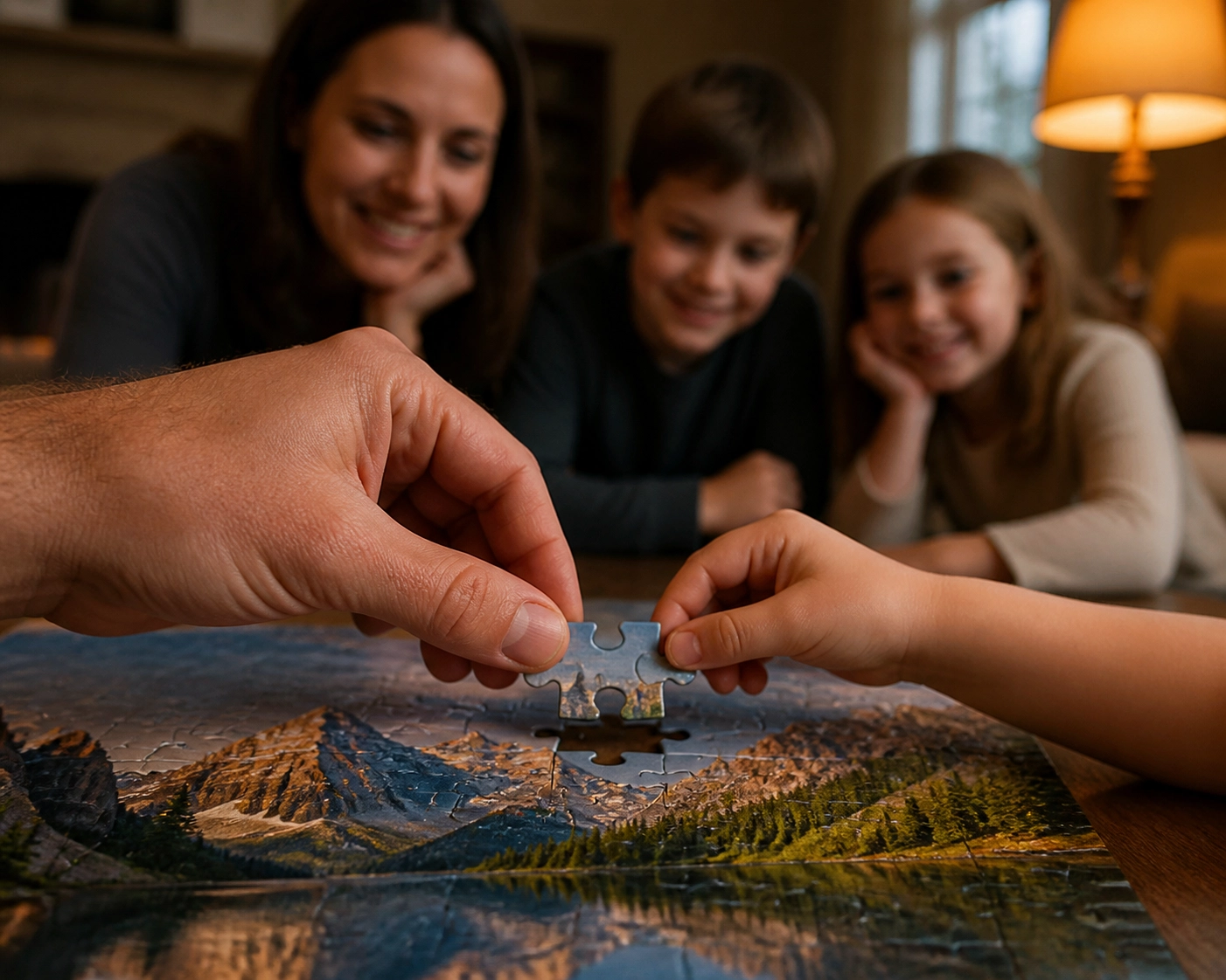 A father and child work together to finish a jigsaw puzzle during a screen-free family activity.
