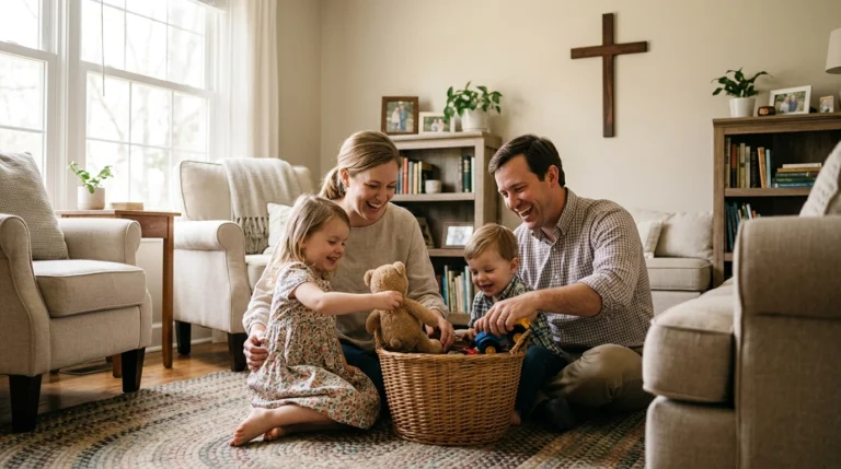 A family of four sits on the living room floor, smiling and playing with toys from a basket. Sunlight streams through a window, and a cross hangs on the wall behind them.