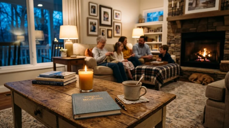 A cozy living room with a lit candle, journal, and coffee on a table. In the background, family members sit together by a fireplace, talking and relaxing.