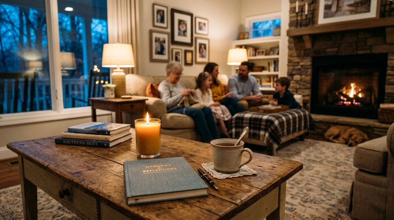 A cozy living room with a lit candle, journal, and coffee on a table. In the background, family members sit together by a fireplace, talking and relaxing.