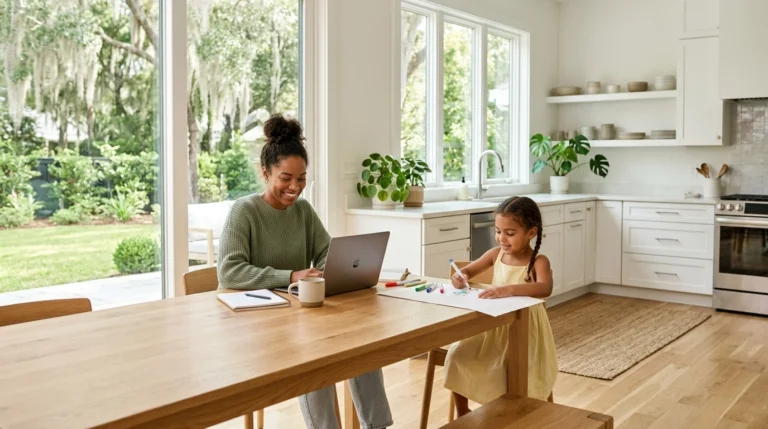 A woman works on a laptop at a wooden table while a young girl draws with crayons beside her in a bright, modern kitchen with large windows and green plants.