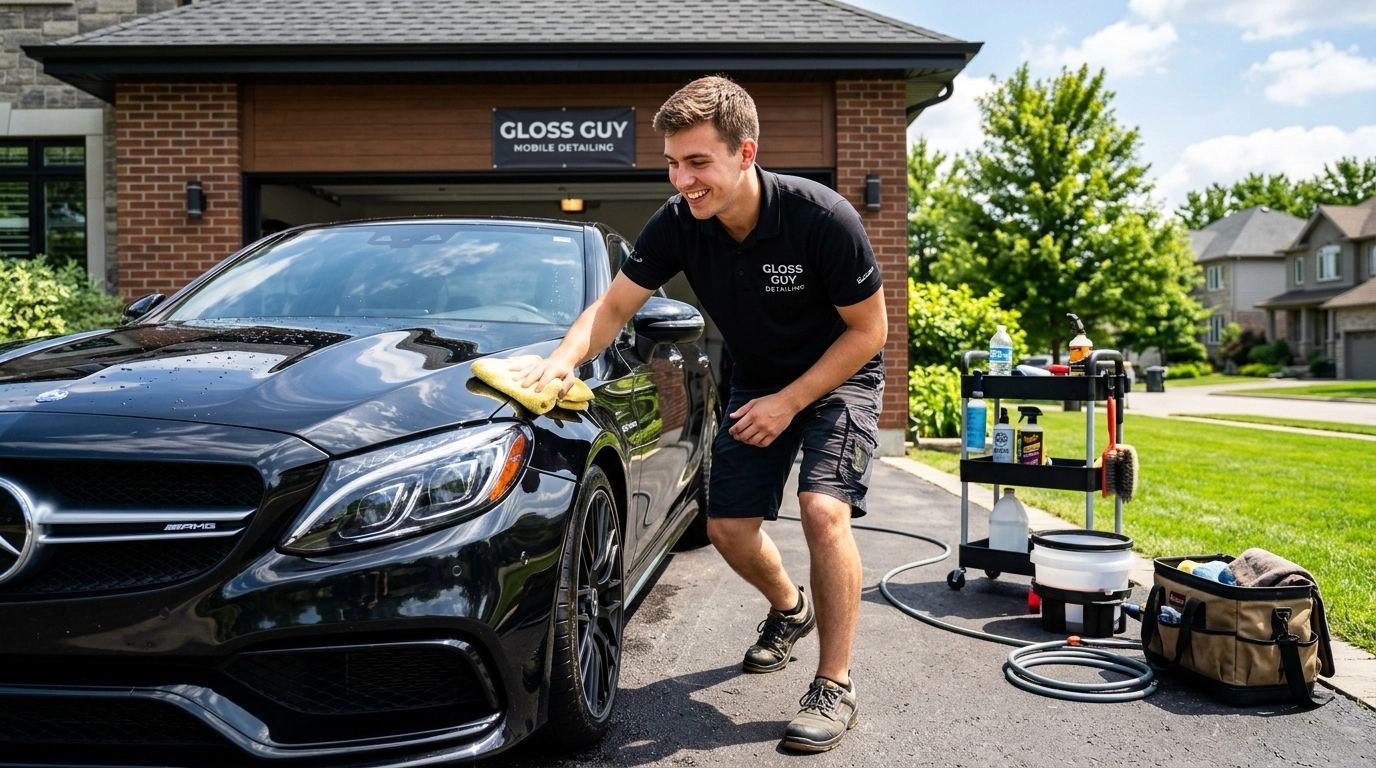 A happy entrepreneur providing mobile car detailing services
