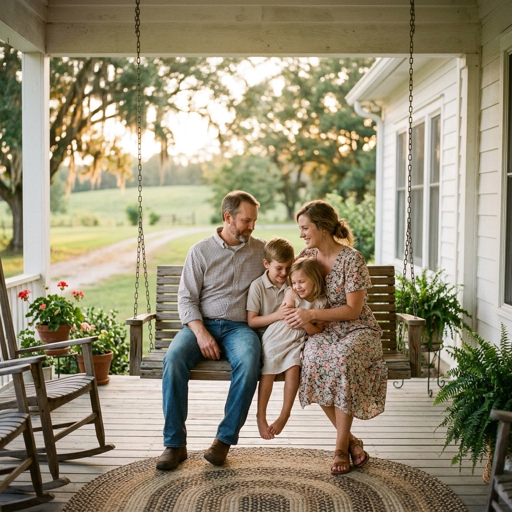 Traditional happy family on a porch swing