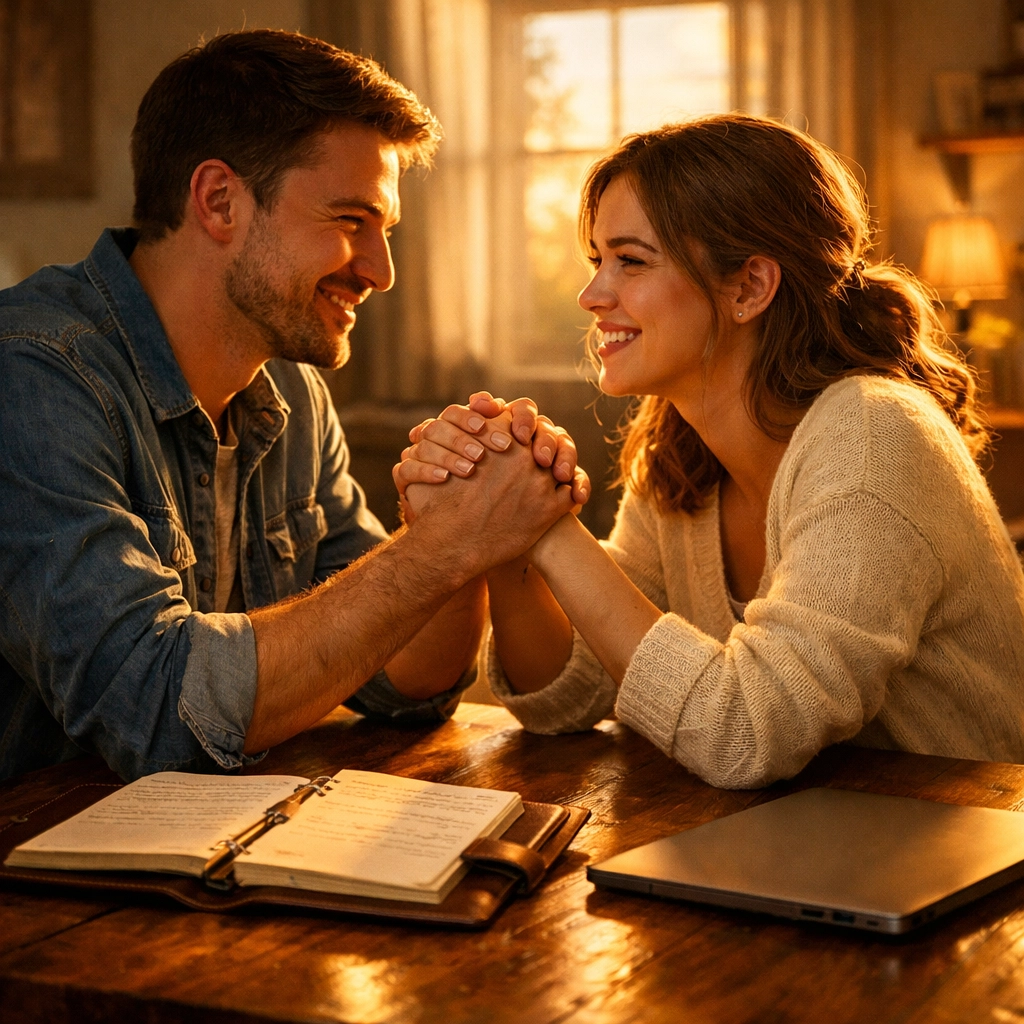 A couple using a budget planner at home to achieve financial clarity and personal development goals.