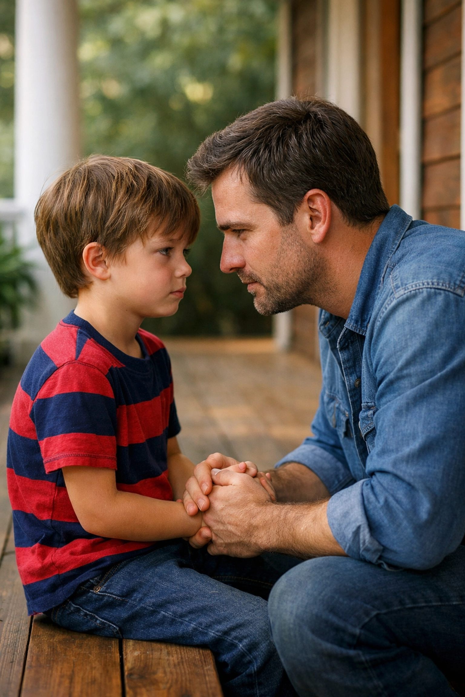 Father showing empathy to upset son, a key part of intentional parenting and emotional support.