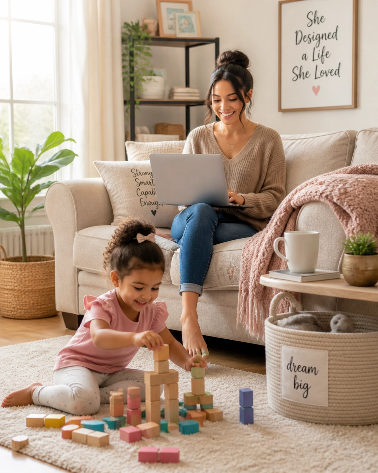 A happy single mom successfully balancing work and home life.