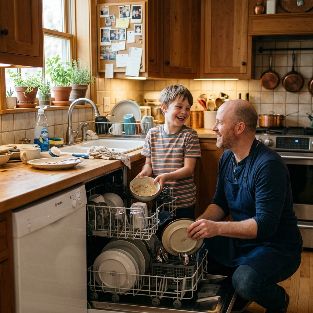 A father and son smiling while working together to load a dishwasher.