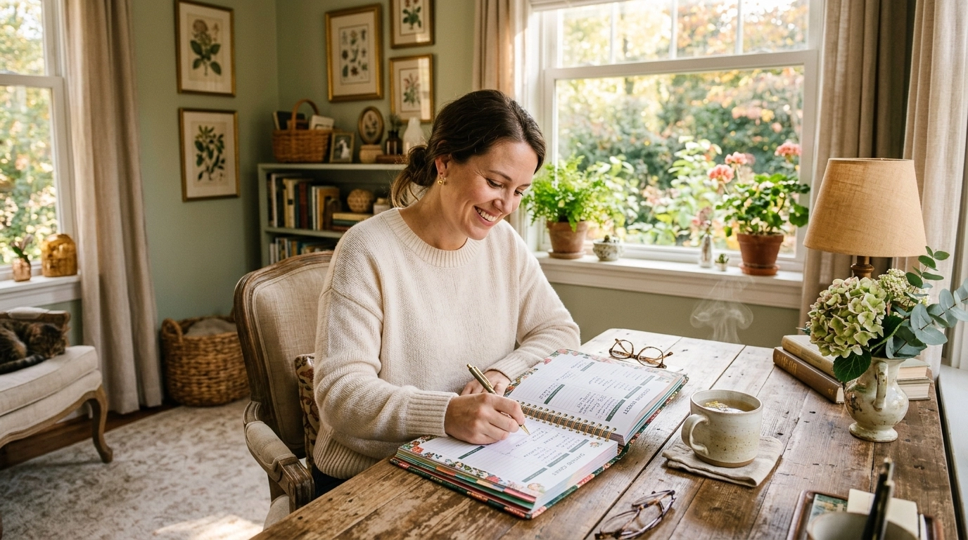 A woman sits at a wooden desk in a cozy, sunlit room, smiling as she writes in a planner. Plants, books, and framed art decorate the space, and a steaming mug sits nearby.