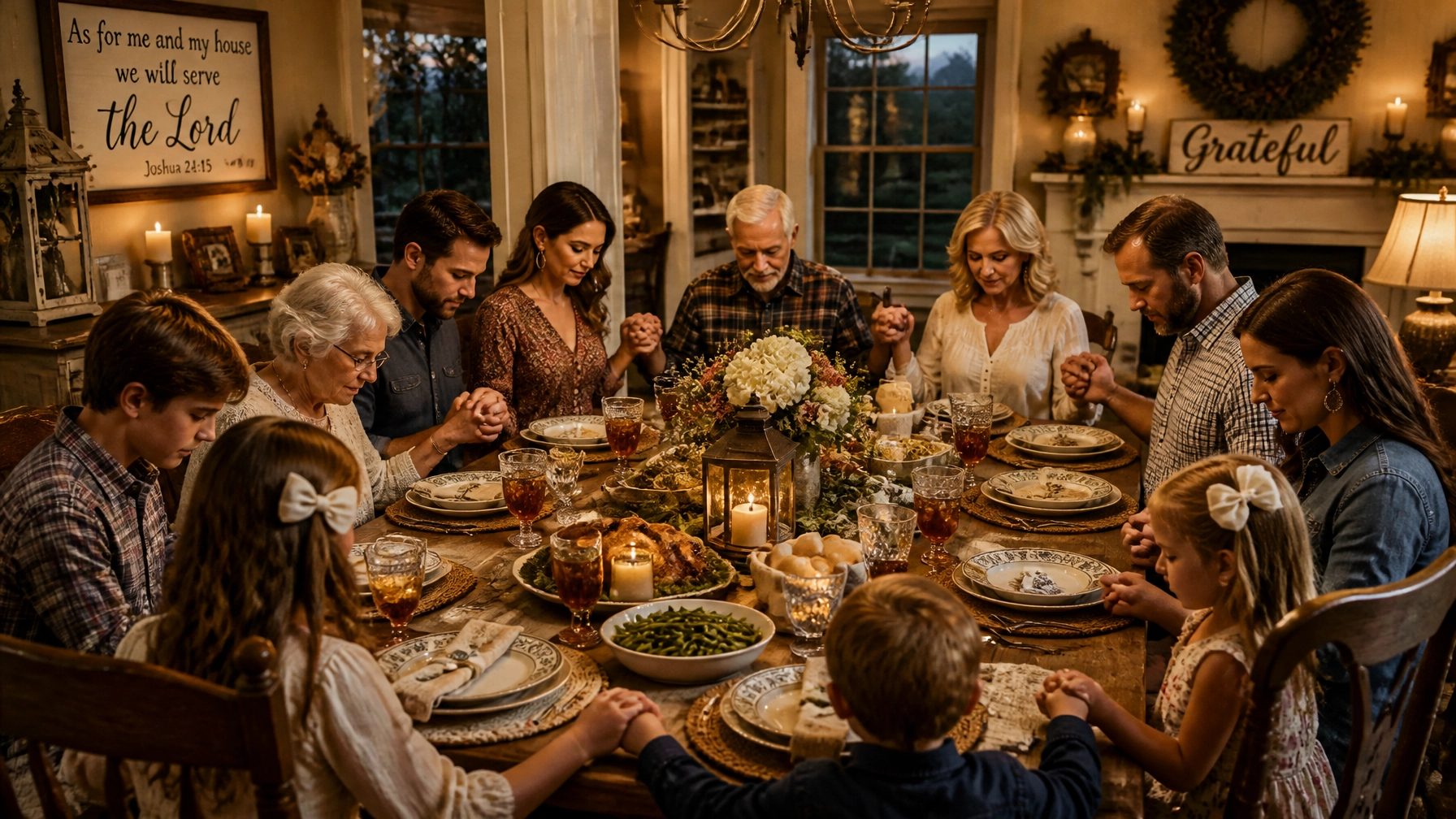 A family gathered in prayer and gratitude