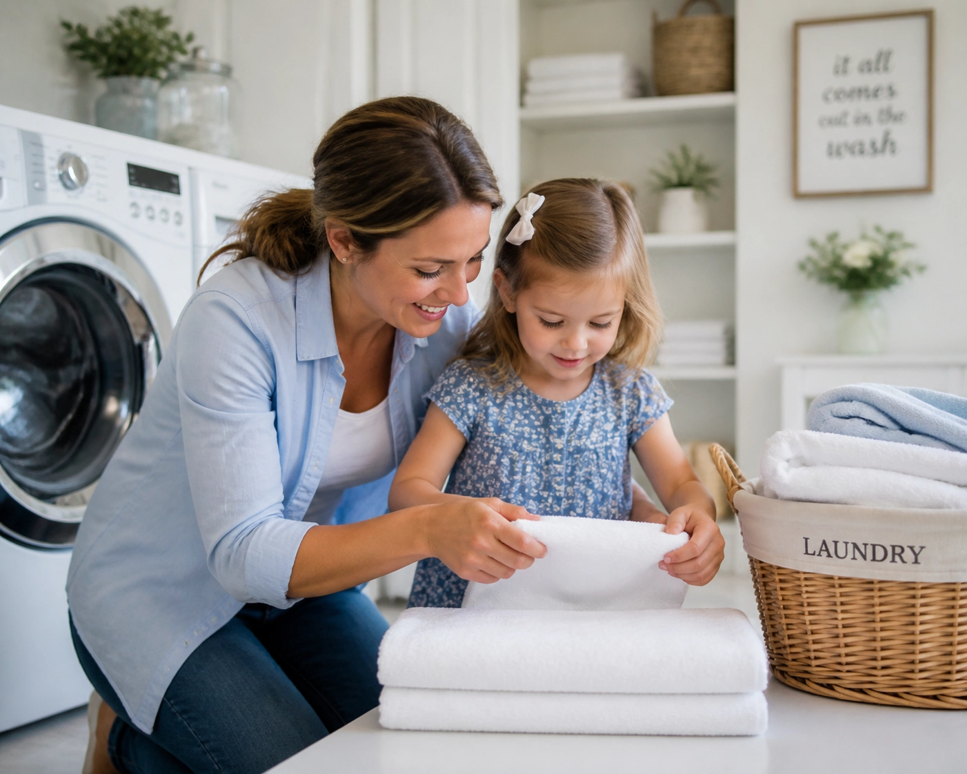 A mother teaching her daughter responsibility by folding laundry, fostering life skills and a tidy home.