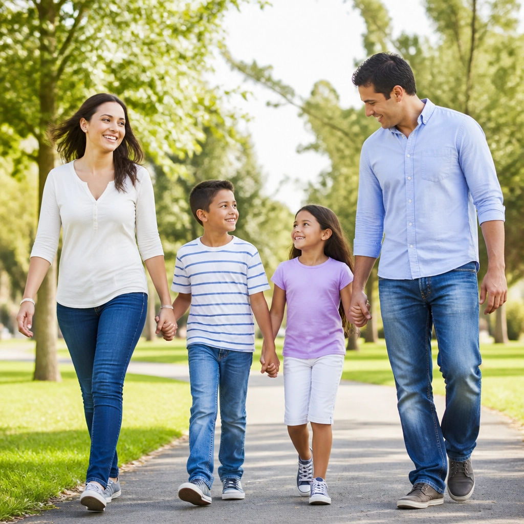 A happy family of four walking through a sunny park together, holding hands.