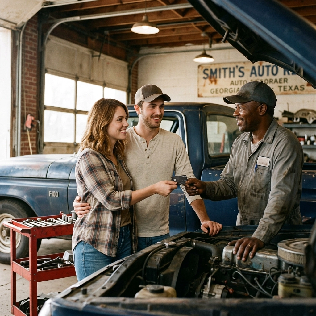A confident couple at a mechanic, paying for repairs without stress thanks to their sinking fund.