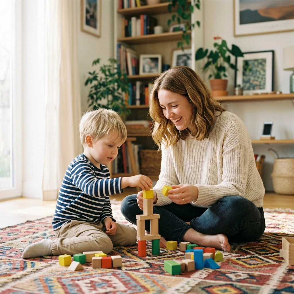 A single mom playing blocks with her son, focused and happy.