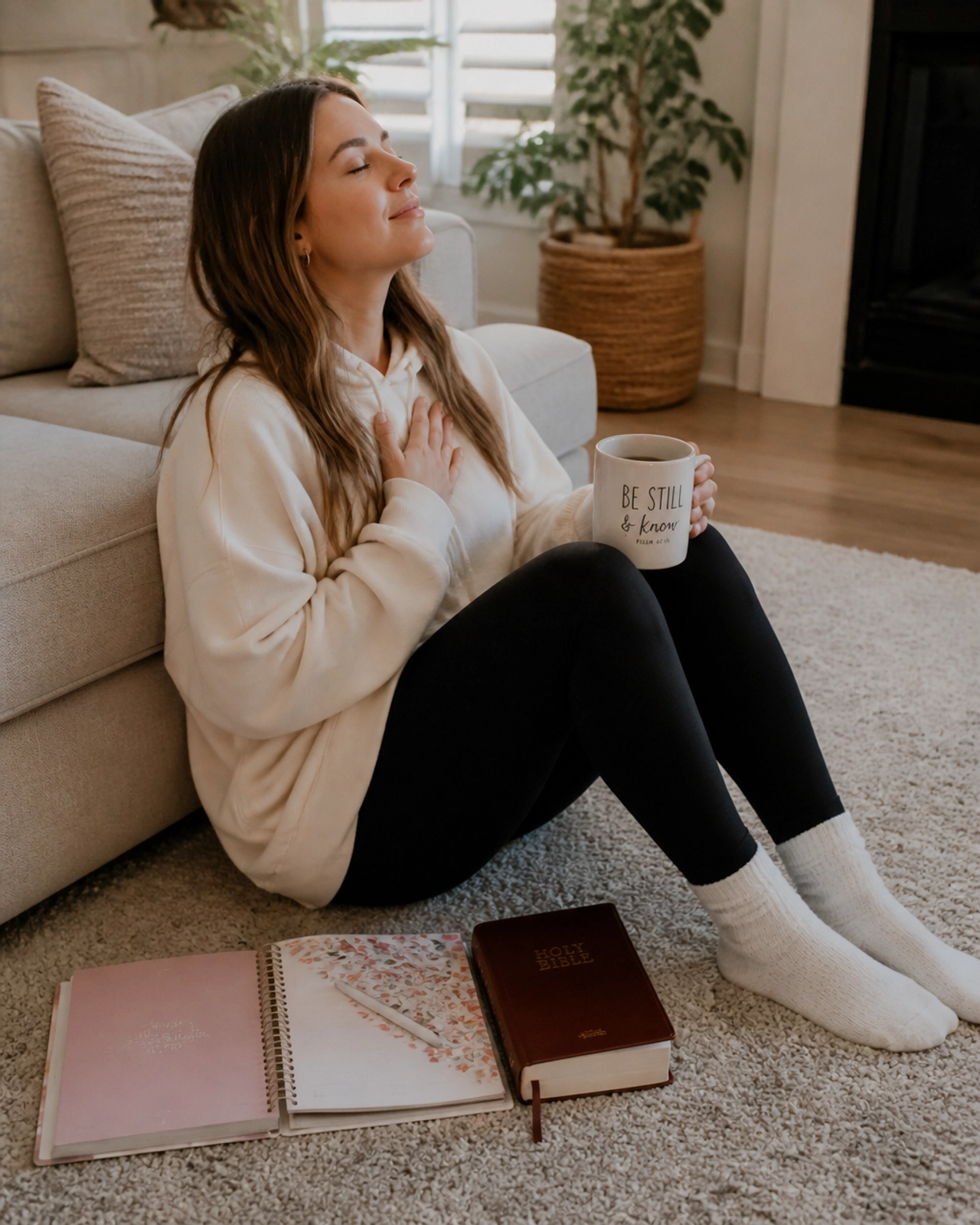 A peaceful mom taking a moment of quiet reflection with her planner.