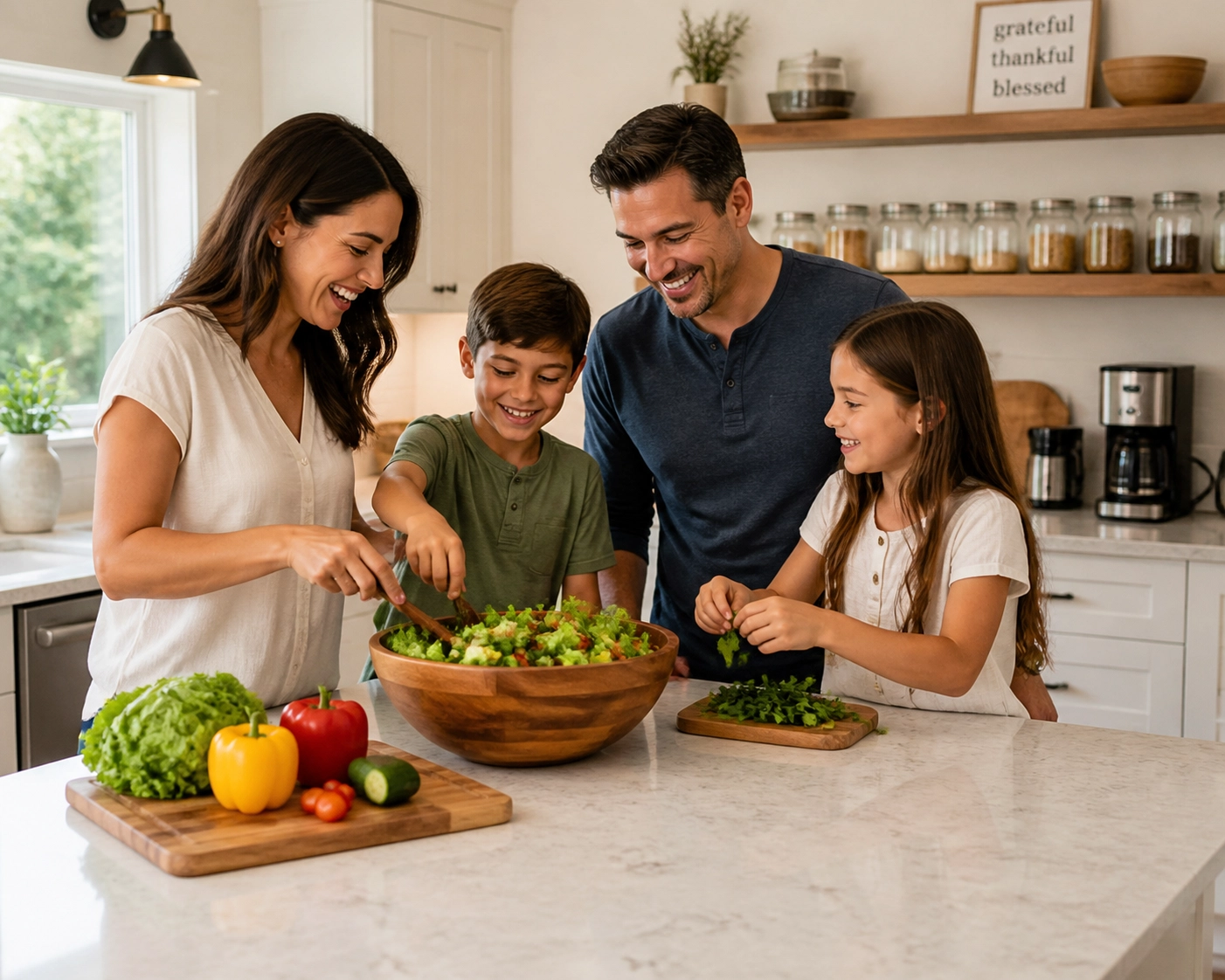 Family enjoying activities in an organized kitchen with clear countertops and meal planning zones.
