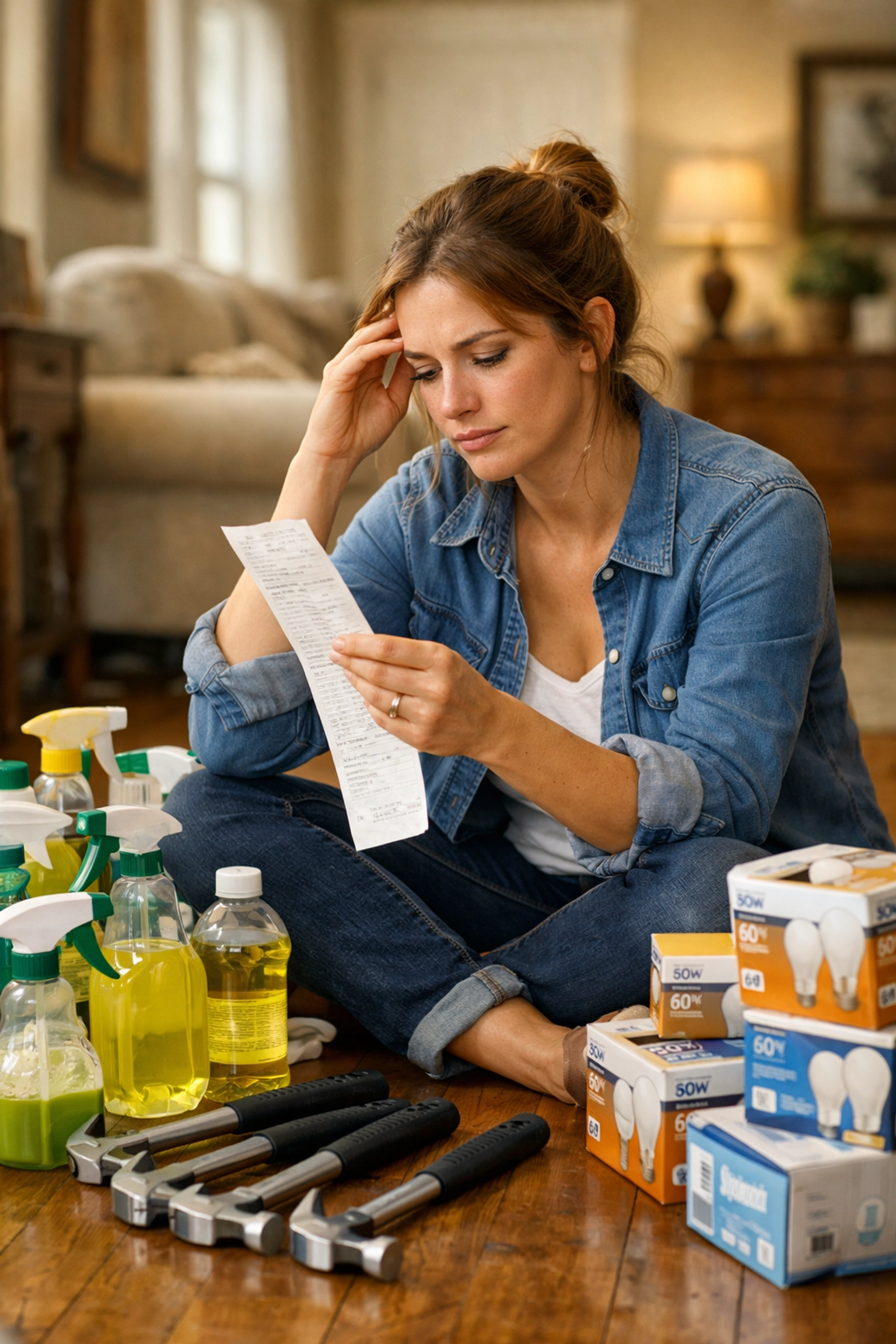 A woman realizing she wasted money on duplicate clutter in her sunlit home.