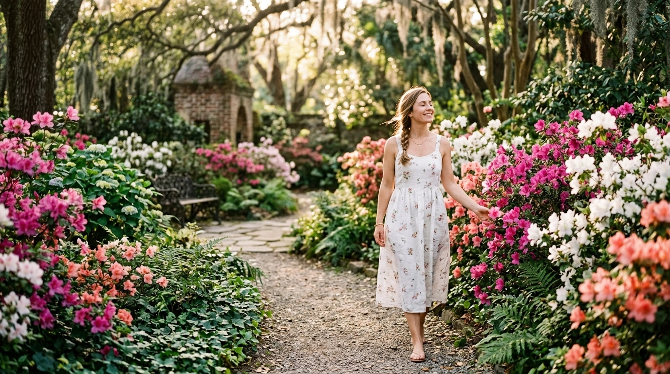 A woman walking peacefully in a sunlit garden