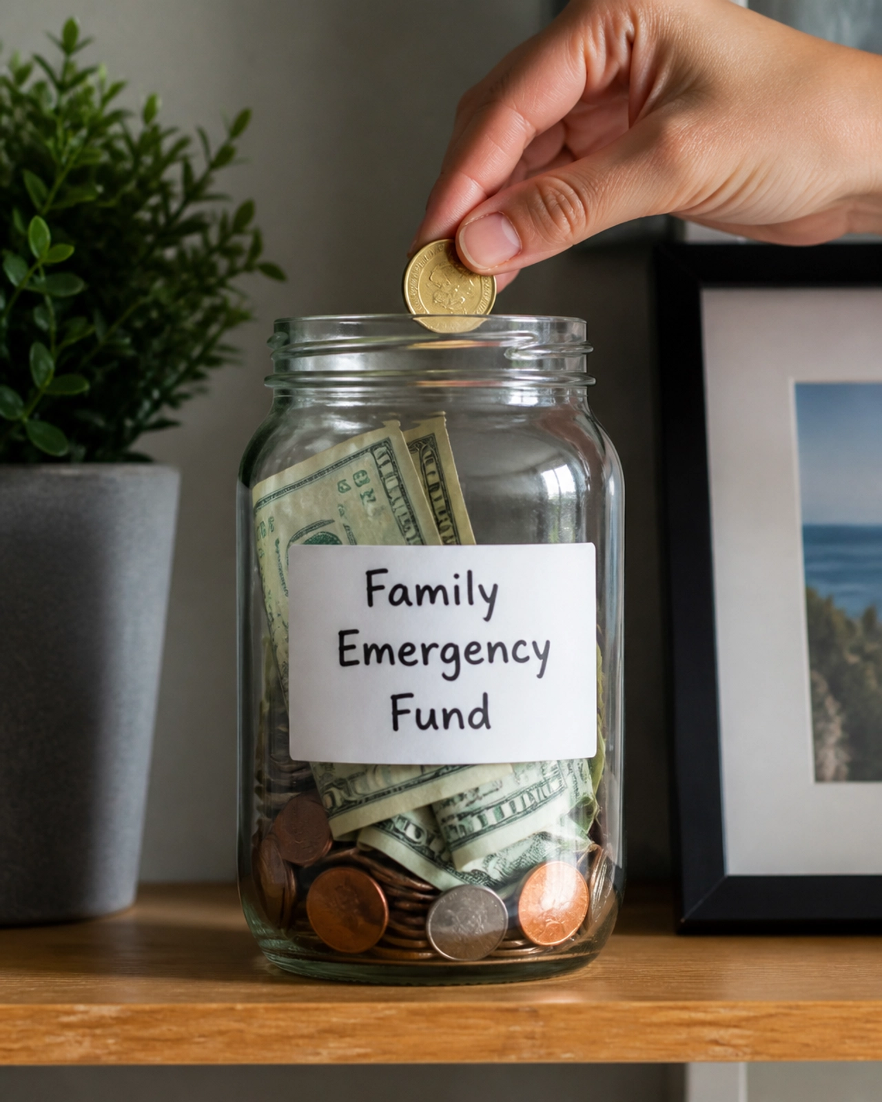 A glass jar labeled Family Emergency Fund being filled with money