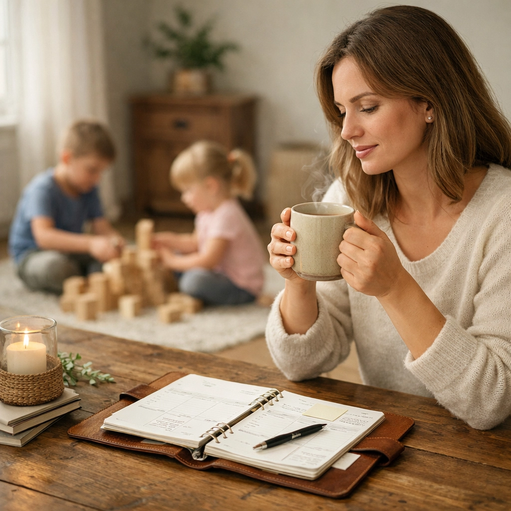 A mother using a planner to manage family life and systems with intentional parenting.