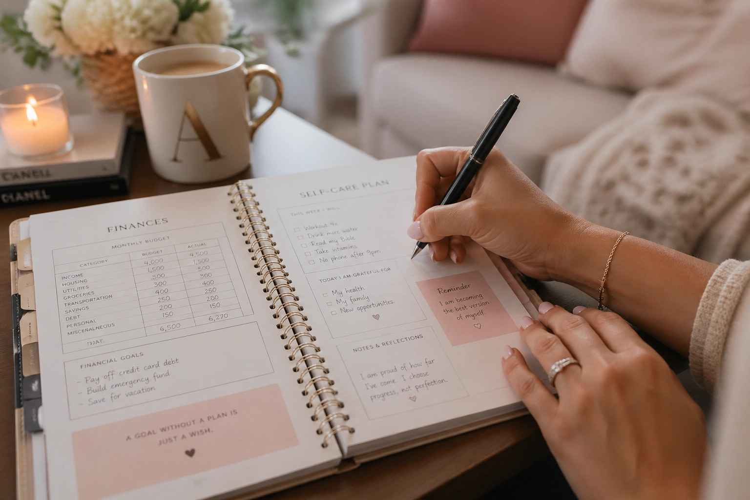 A close-up of hands using a life and finance planner