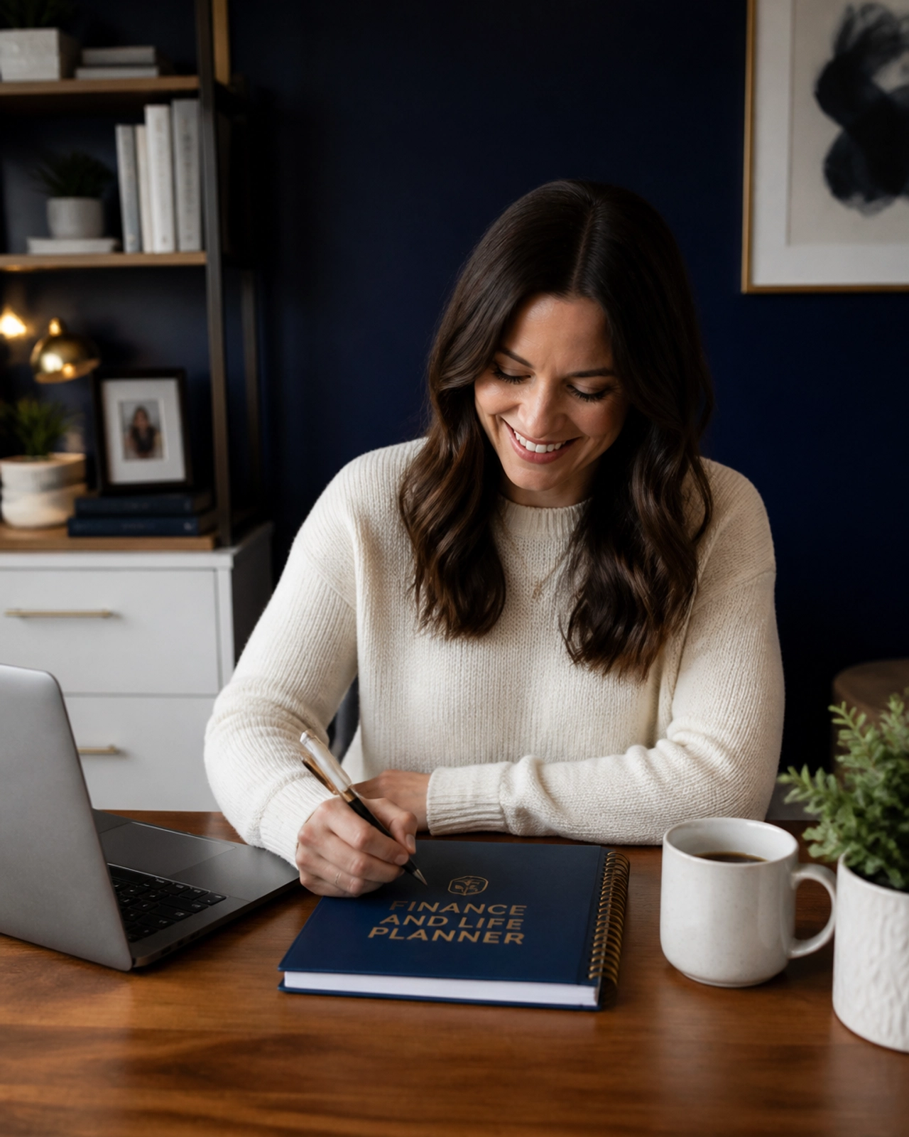 Woman using Finance and Life Planner in a refreshed room