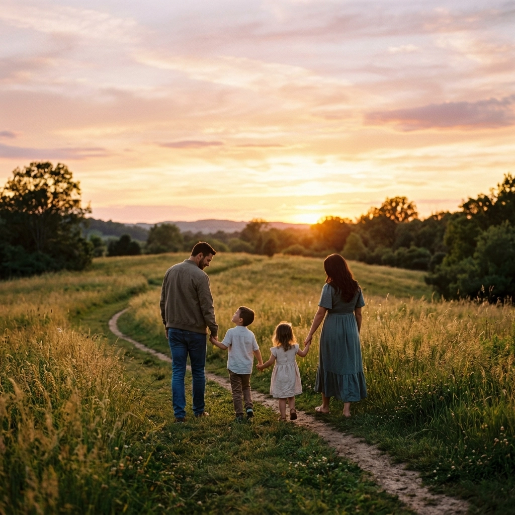 A family walking in a field at sunset, representing peace and connection.