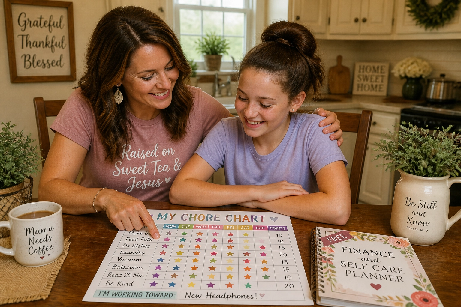 Mom and daughter looking at a chore chart together