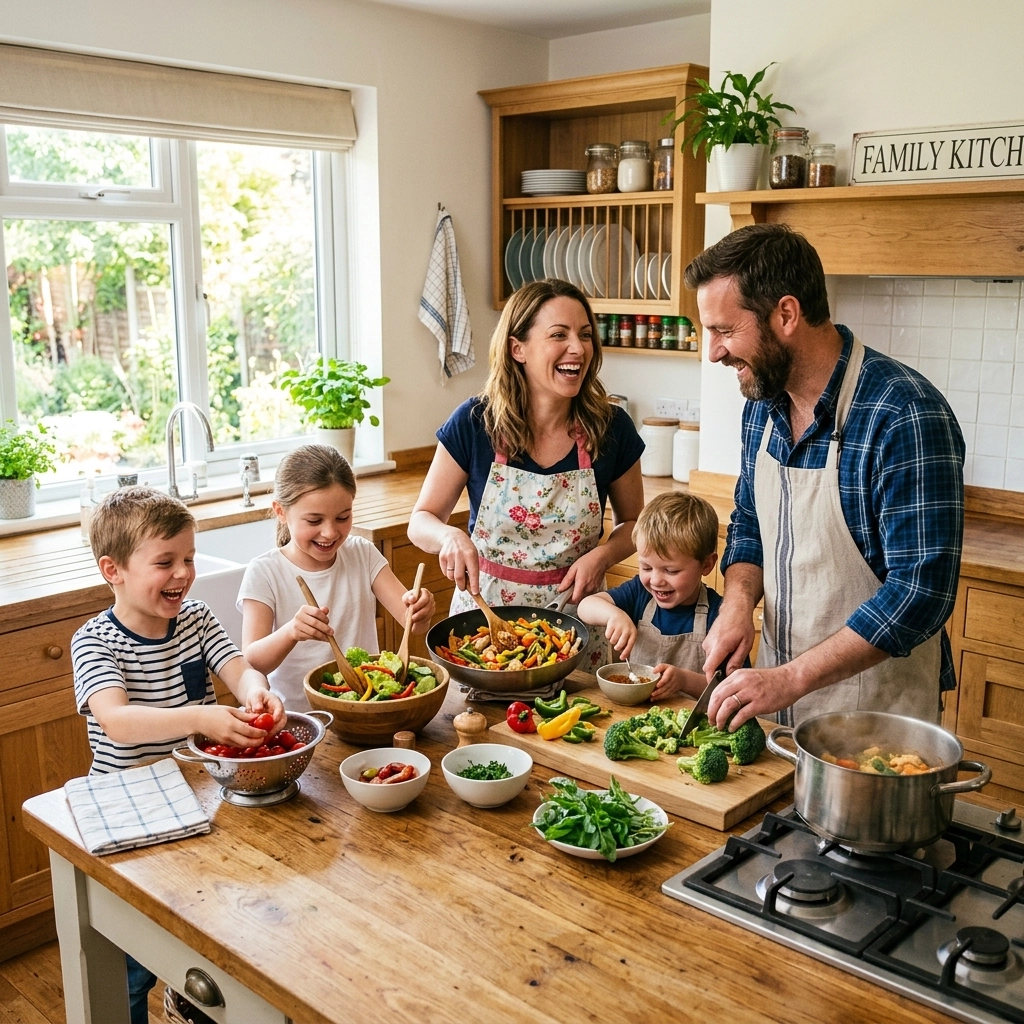 A family laughing and cooking together in a bright kitchen