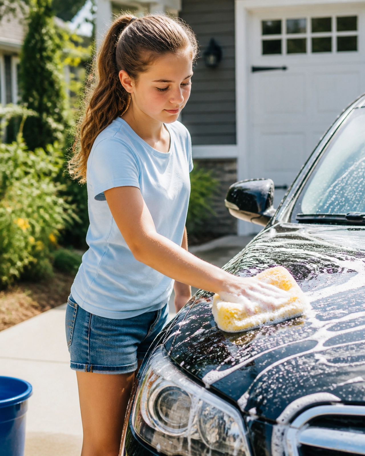 A teenage girl responsibly watering a lush garden, showing the long-term results of intentional parenting.