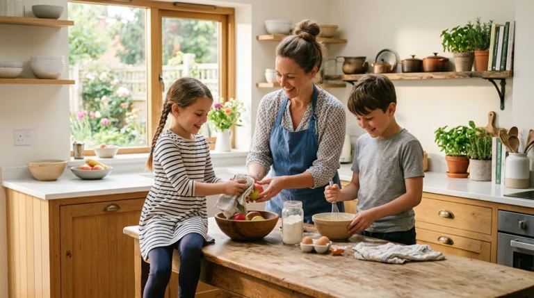 A woman and two children smile while preparing food together in a bright, modern kitchen with wooden counters and shelves.