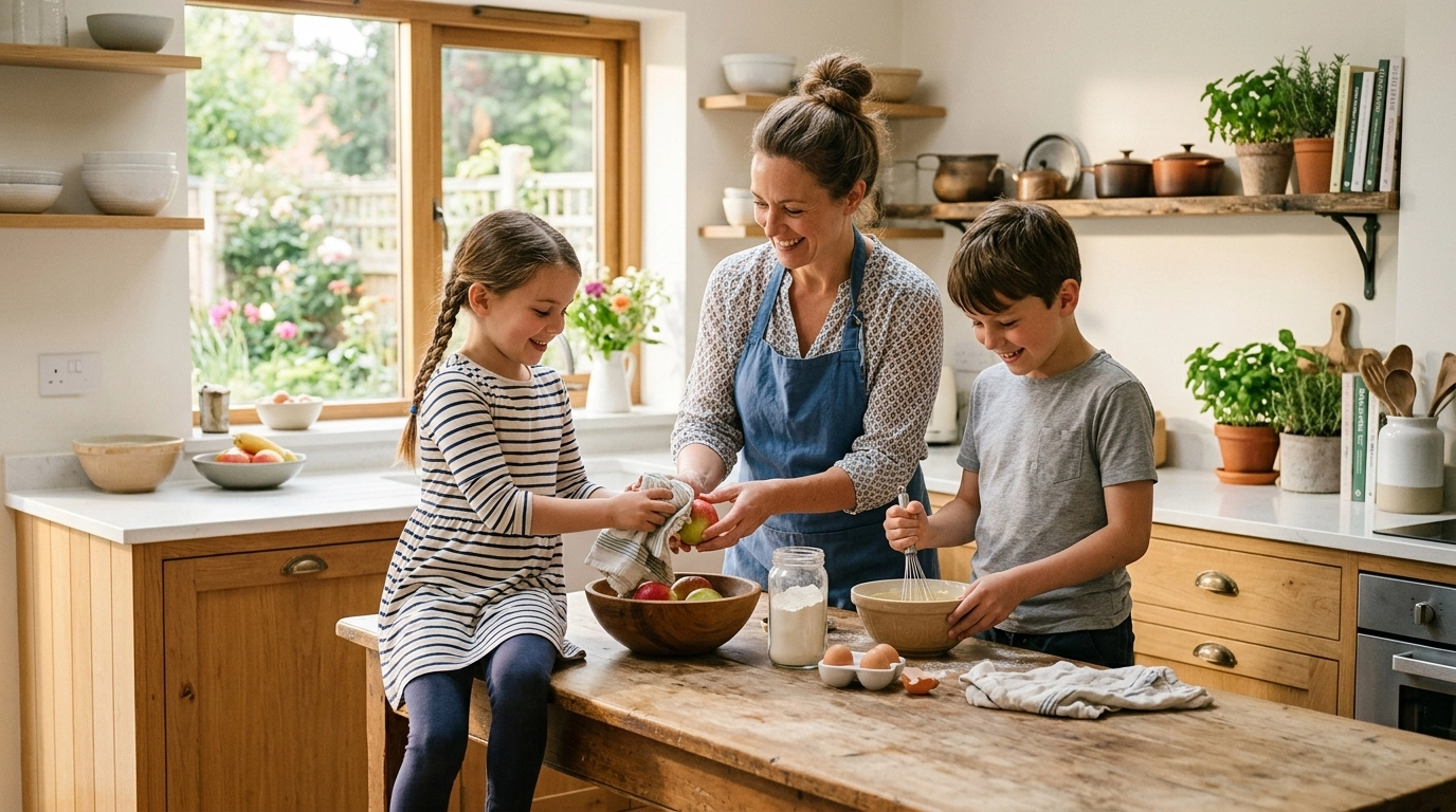 Happy family working together in a sunlit kitchen