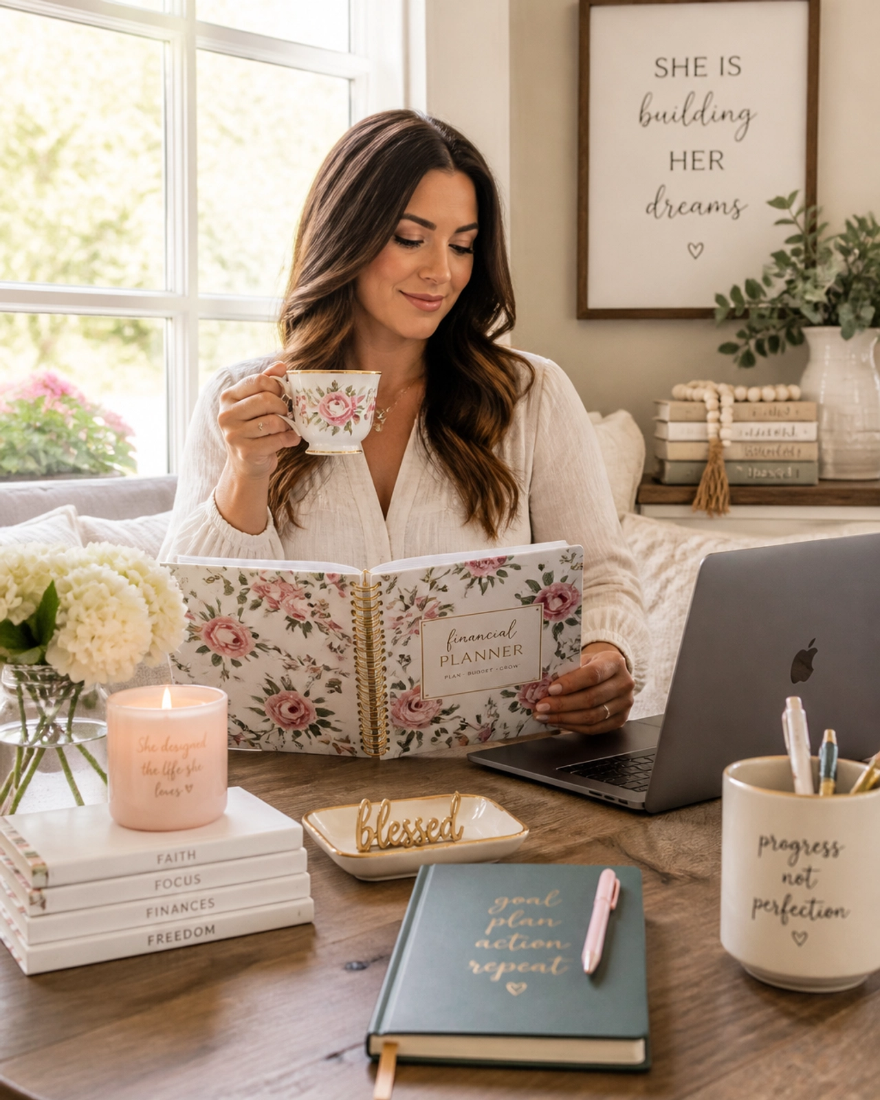A woman practicing self-care while reviewing her financial planner