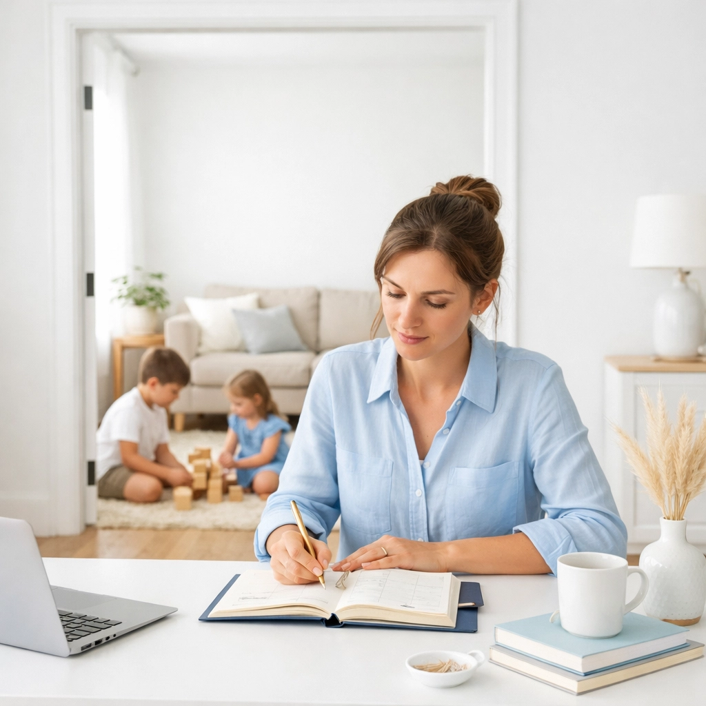 Organized mother using a planner to manage family life and focus on intentional parenting.