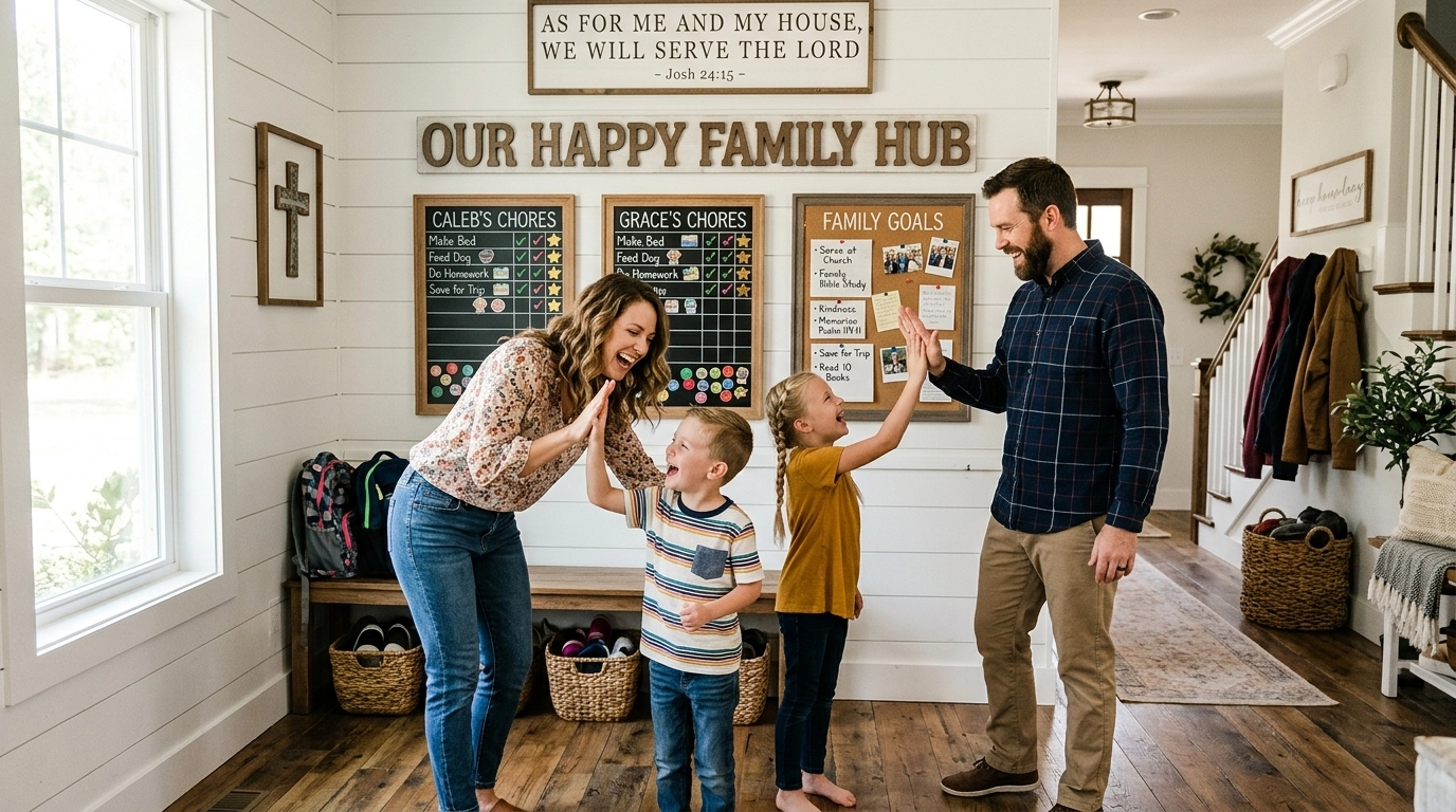A happy family standing around their command center, high-fiving and celebrating their organized home.
