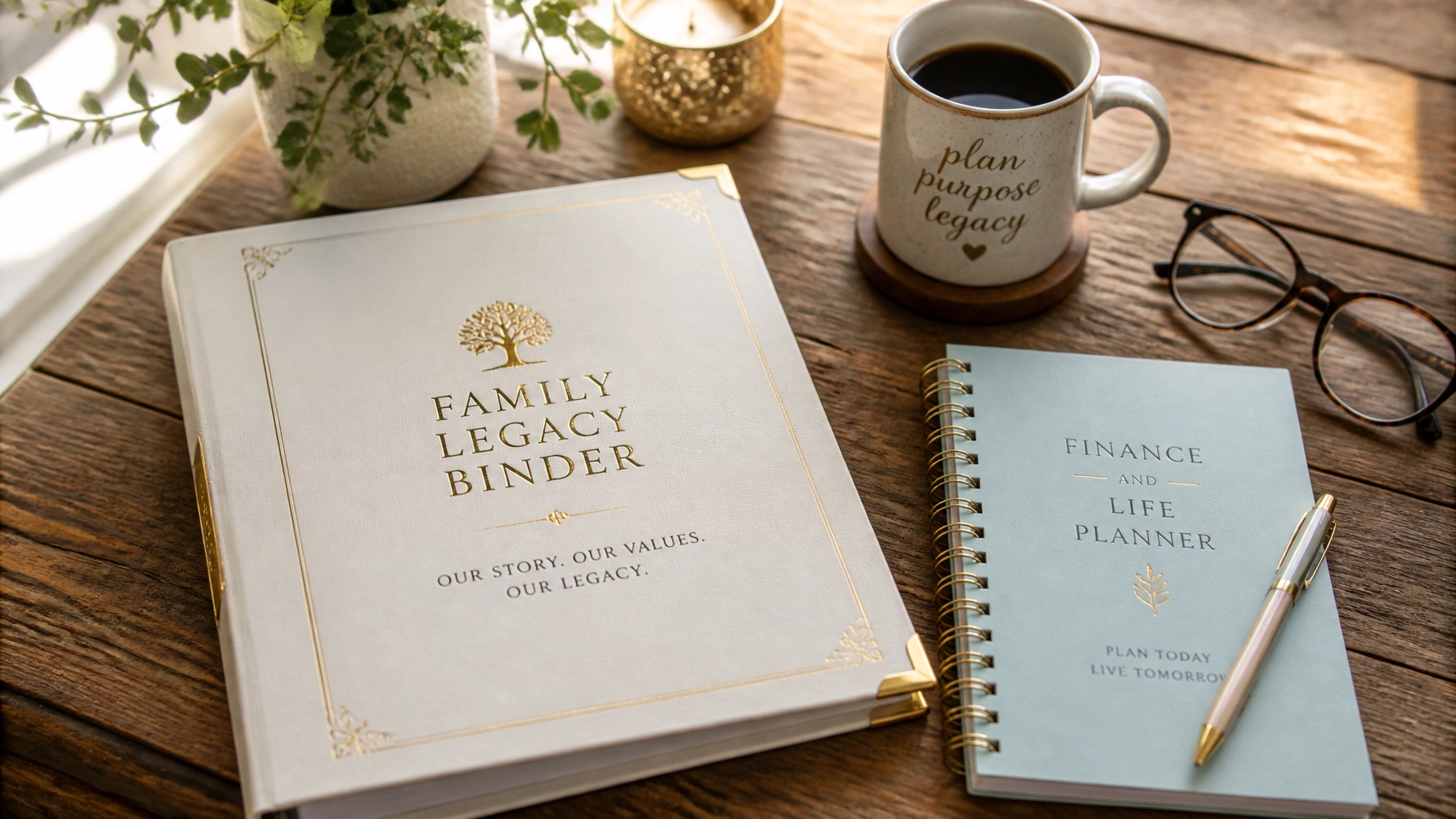 An organized Family Legacy Binder and Finance Planner on a wooden table, symbolizing peace of mind.