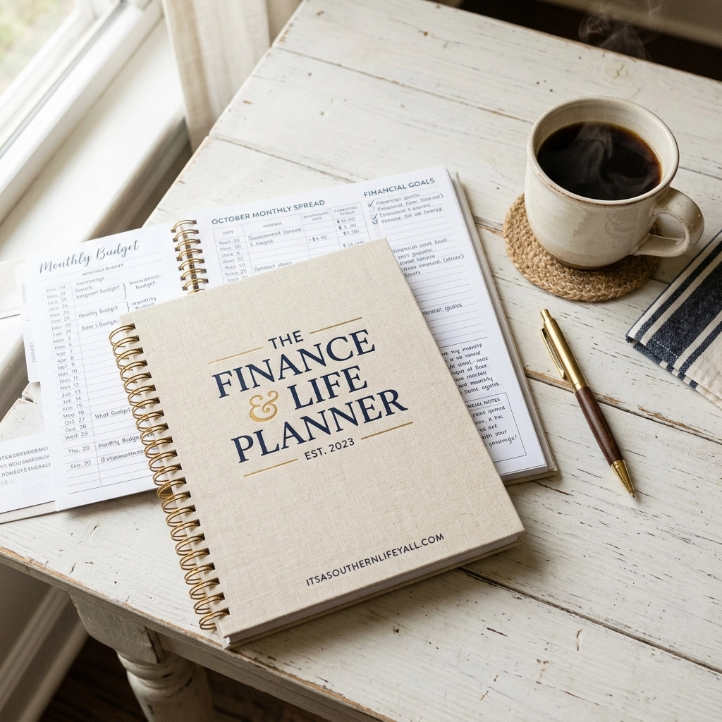 The Finance and Life Planner on a table with coffee.