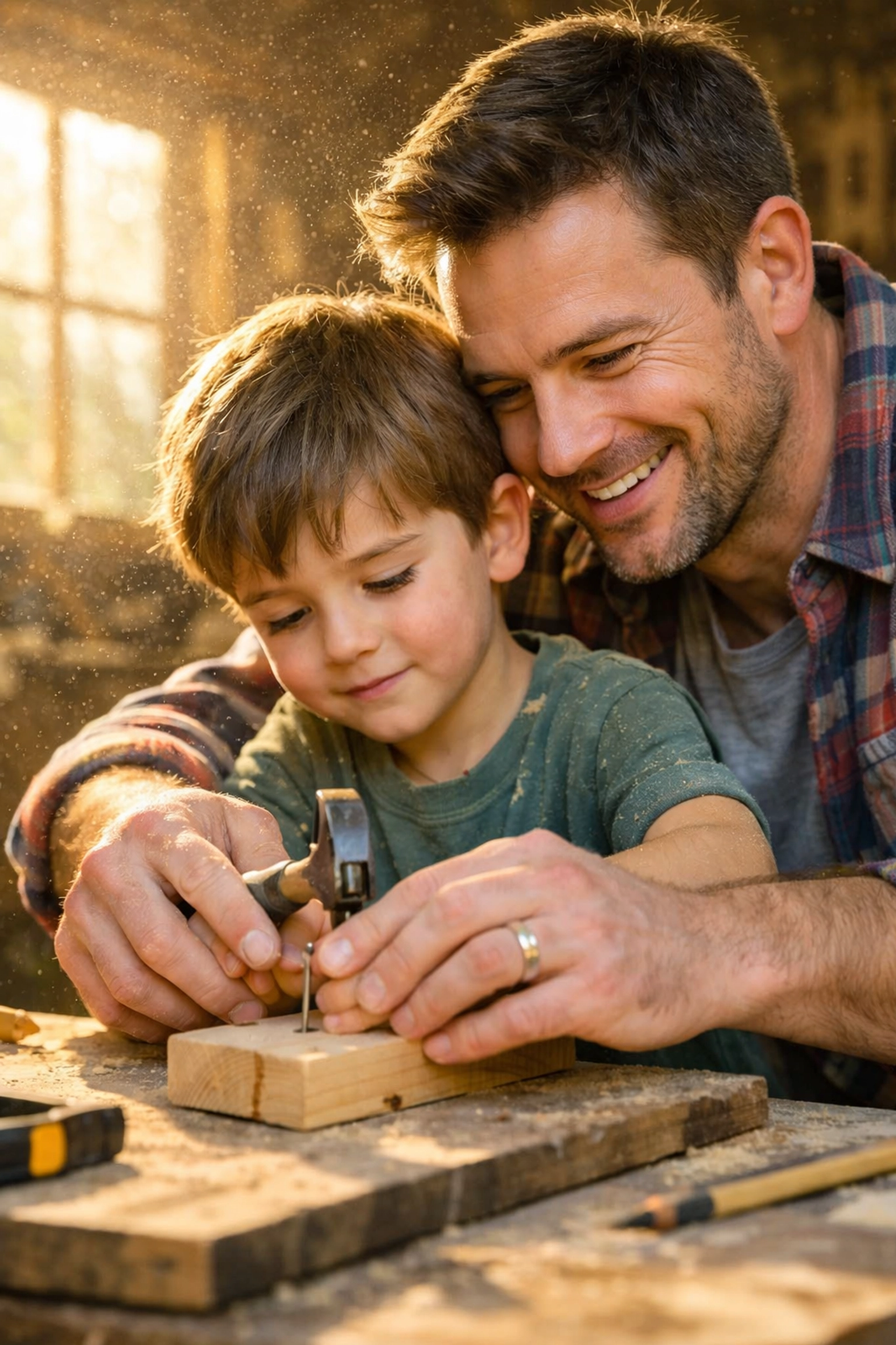 A father teaching his son woodworking to build connection through intentional parenting.