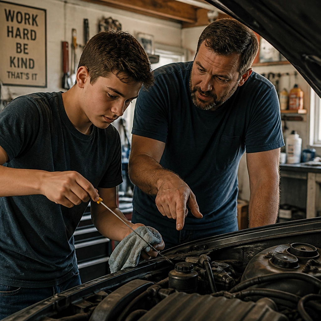 Teenager learning a life skill in the garage