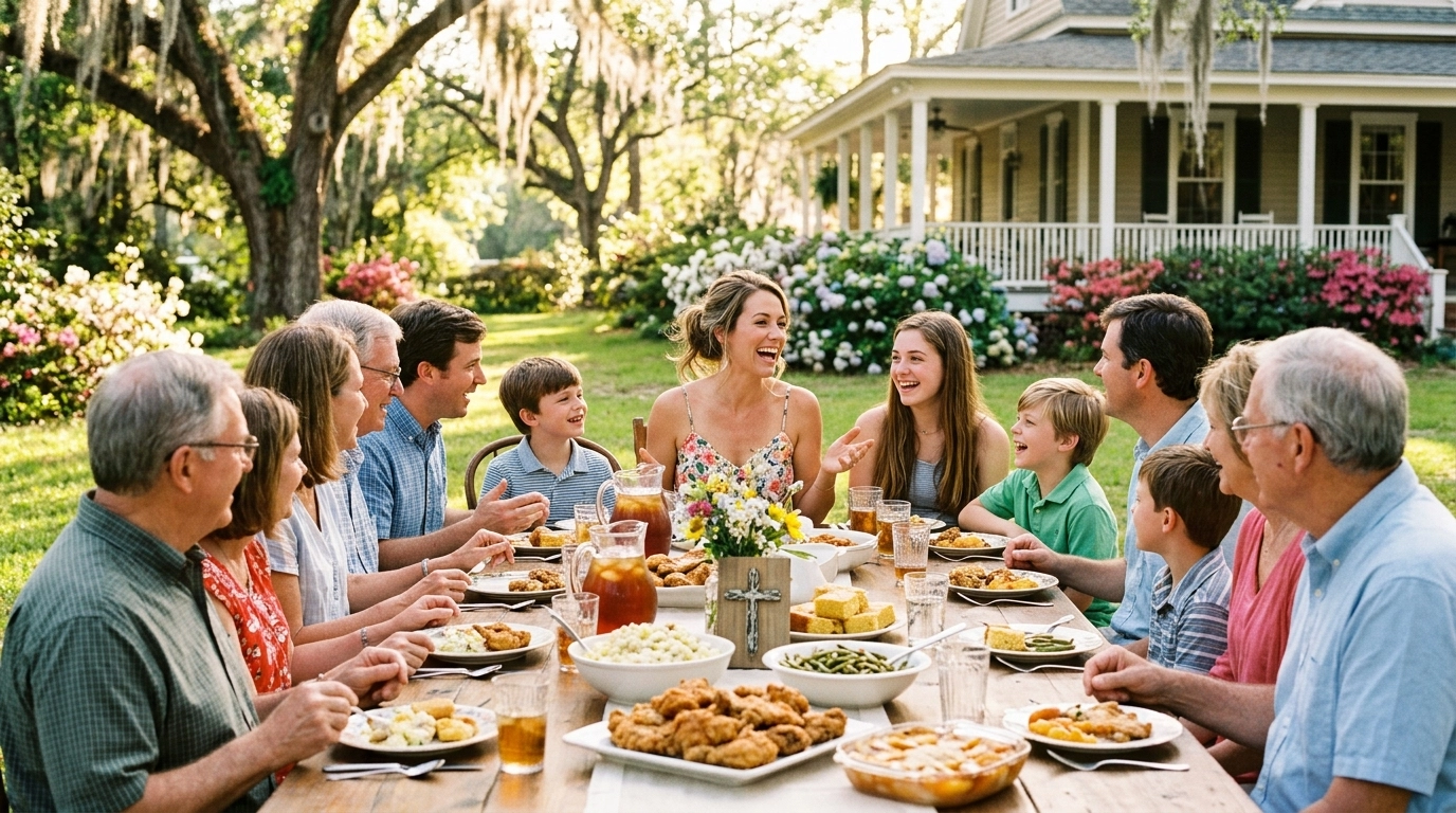 A happy multi-generational Southern family enjoying a peaceful meal together, showing the beautiful results of consistent boundaries and intentional living.