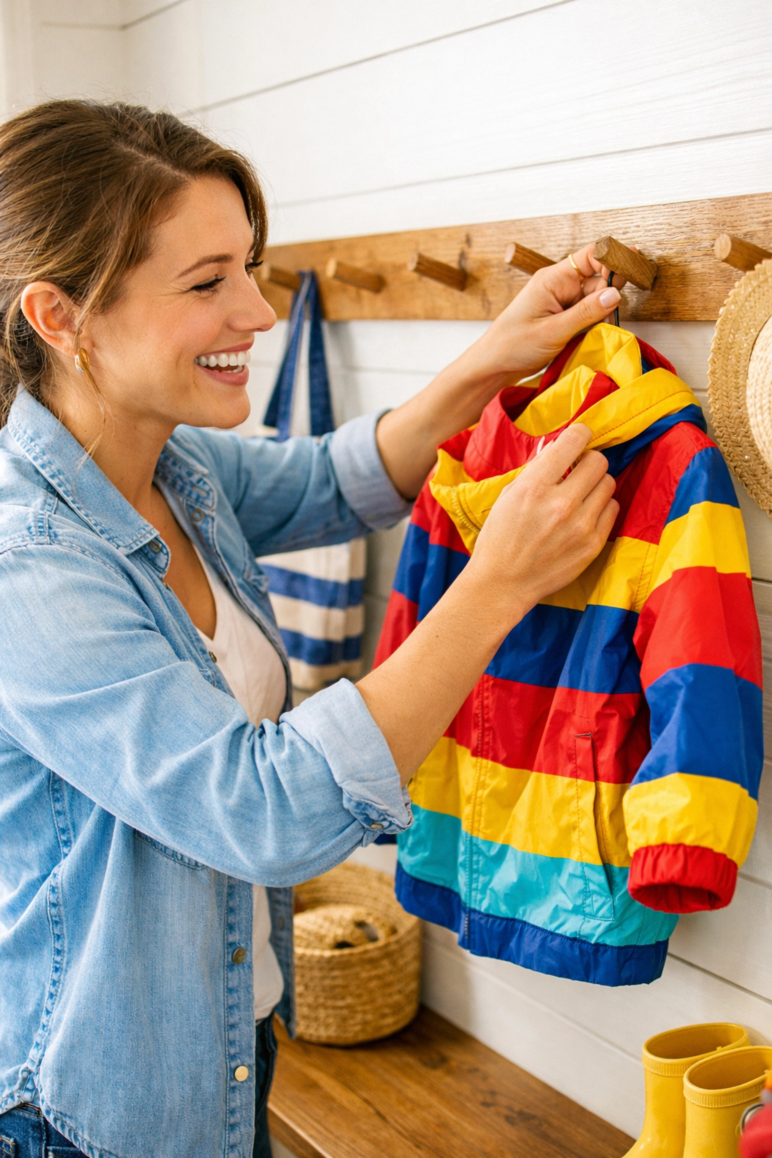 Southern mother hanging a raincoat in a mudroom, using time management tips to stay organized and productive.
