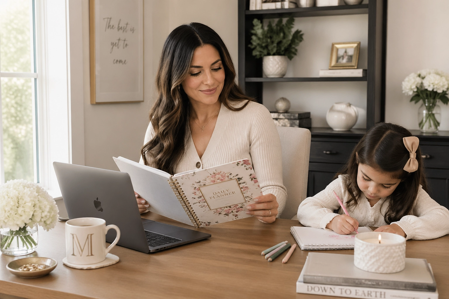 A mother working from home with her child nearby